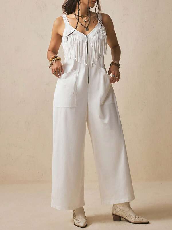 Freevana Women's Sleeveless Long Jumpsuit, Solid White With Tassels, Front Zipper, Straight Wide Leg Pants, Spring/Summer Elegant Casual Boho Style Outfits