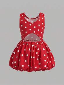 SHEIN Young Girl Cute Summer Pink Knit Patchwork Hollow Out Sleeveless Dress With Bow - Red - View 4