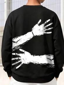 SHEIN Vacaura 青少年男孩秋冬長袖工裝褲 2 件套 黑色圓領運動衫搭配棕櫚樹塗鴉印花 米色慢跑褲 時尚街頭風 - 黑與白 - 查看 4
