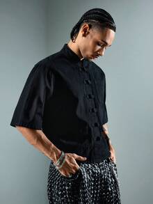 ROMWE MEN Street Life Men's Chinese Collar Denim Shirt - Black - View 7