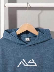 SHEIN Kids Tween Boy Loose Fit Letter Graphic Casual Hoodie Tank Top & Shorts 2 Pieces Set - Dusty Blue - View 5