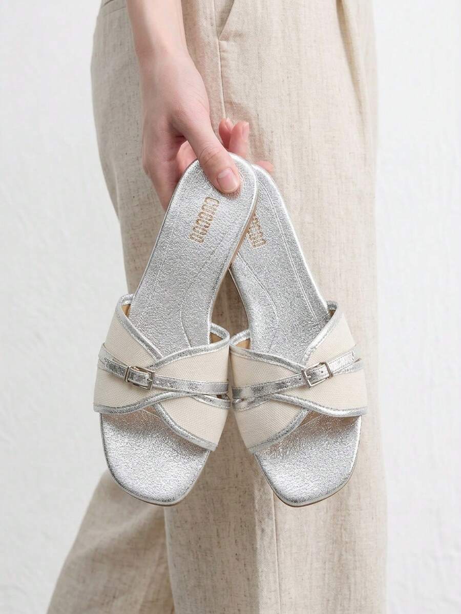 CUCCOO BIZCHIC Women's Fashion Metal Silver Buckle Color Matching Flat Sandals Spring - Metallic silver - View 1