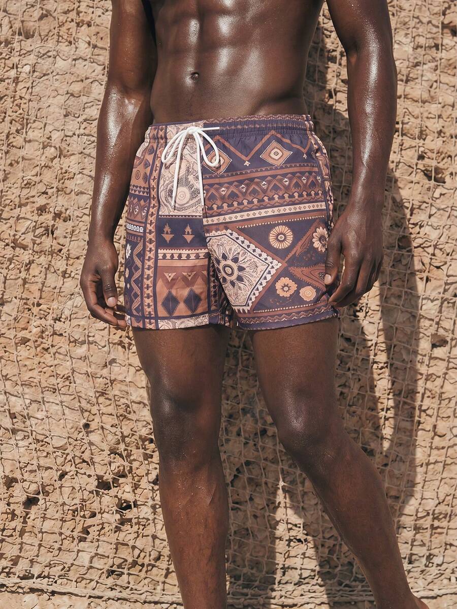 Manfinity KASUA 男士几何印花口袋抽绳腰沙滩短裤,适合夏季 - 咖啡棕 - 查看 1