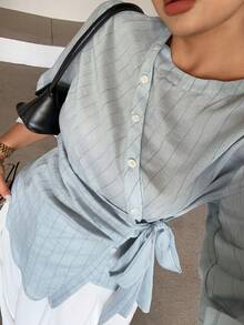 Dazy Plus Blue Striped Asymmetrical Placket Tie-Front Casual Fun Commuter Long Sleeve Spring Autumn Shirt - Baby Blue - View 5