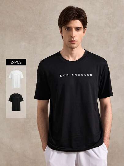 Courvante Men's Casual Letter Print Short Sleeve T-Shirt, Summer Los Angeles Shirt For Your Tennis Boyfriend
