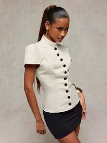 Normani Women's Fashion Versatile Single-Breasted Waist-Cinching Elegant Business Shirt Teachers' Day Office Black And White Summer Teachers' Day - Apricot - View 4