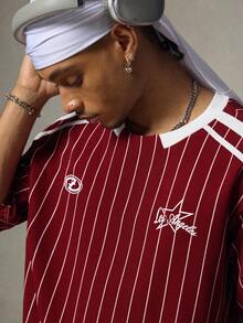 FRESIVO Men's Striped Pattern Colorblock Drop Shoulder Short Sleeve Crew Neck T-Shirt - Red - View 5