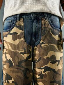 ROMWE MEN Casual Men's Patchwork Camouflage Pattern Wide Leg Loose Fit Denim Capri Pants - Multicolor - View 2
