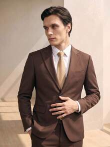 RONVEXI Men 1pc Peak Collar Blazer & 1pc Formal Suit Pants, Old Money Style, Ceremony - Coffee Brown - View 6