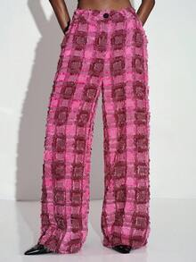 Aveloria GENKIRA Lässige Streetwear Sexy Retro 3D Quasten Cut-Out Karo Lose Weite Beine Lange Hose Nachtparty Rosa Karo Herbst - Heißes Pink - Übersicht 4
