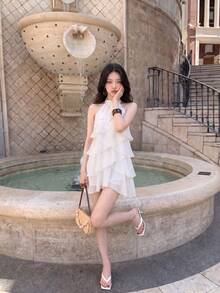 Skyraze White Multi-Layer Ruffle Collar Mini Dress,Summer Elegant Women Vacation Outfits,Chiffon Party Wedding Guest Graduation Date Dress,Boho Beach Wear - White - View 5