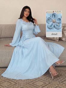 SHEIN Najma 方領優雅3D花卉裝飾長袖繫腰女款阿拉伯風洋裝 - 藍色 - 查看 4