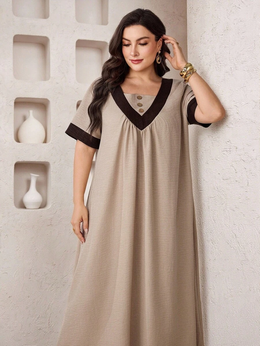 Al Najma Plus Size Women's Contrast Color Button Design Short Sleeve Arabic Style Hijab Modest Dress Egypt Holiday Evening Morocco Holiday Wedding Beige Summer - Khaki - View 1