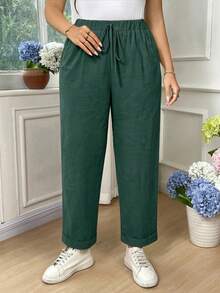 EMERY ROSE Plus Size Women's Casual Solid Color Cotton Folded Long Pants Fall - Dark Green - View 6
