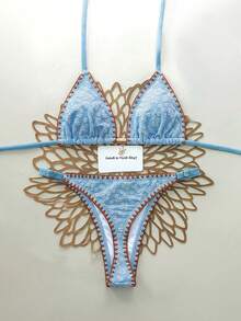 Swim Mod 新款女款優雅奢華波希米亞度假風 2 件式清新淺藍色紋理手工刺繡三角比基尼套裝，白色雛菊刺繡、棕色對比縫線飾邊與海星金屬吊飾，可調節性感三角褲底附滑塊細節，彈性泳裝布料，適合夏季海灘度假、泳池派對、音樂節、母親節/婚禮假期、春假穿搭 - 藍色 - 查看 5