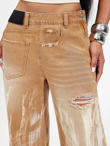 Denimoi Side Ways Denim Jeans Fashionable Streetwear Grunge Statement Washed Everyday Night Out Beige Summer - Khaki - View 2