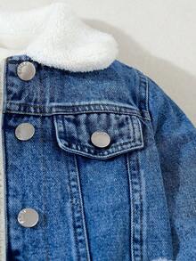 SHEIN 男童舒適休閒保暖內裡多功能無彈力牛仔夾克，秋冬款 - 中等水洗藍 - 查看 9