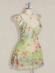 SHEIN ICON Vestido de mujer talla grande con estampado floral, patchwork, volantes en el bajo y lazo delantero - verde menta - Ver 3