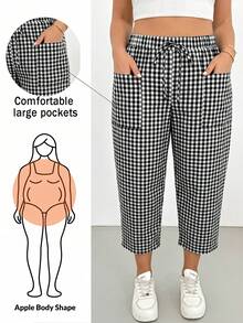 SHEIN Essnce Plus Size Women's Autumn Fashion Casual 90s 80s 70's Smart Loose Comfortable Daily Back-To-School All-Match Slimming Black And White Plaid - Brown - View 4