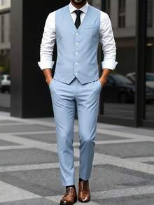 Manfinity Bizformal 男士婚禮 2 件套春/夏背心西裝套裝，淺藍色面料，成熟商務風背心、長褲，正式款 - 淺藍色 - 查看 5