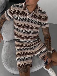 Manfinity Homme 男士条纹短袖 Polo 衫和抽绳腰带短裤套装，男士两件套 - 彩色 - 查看 1