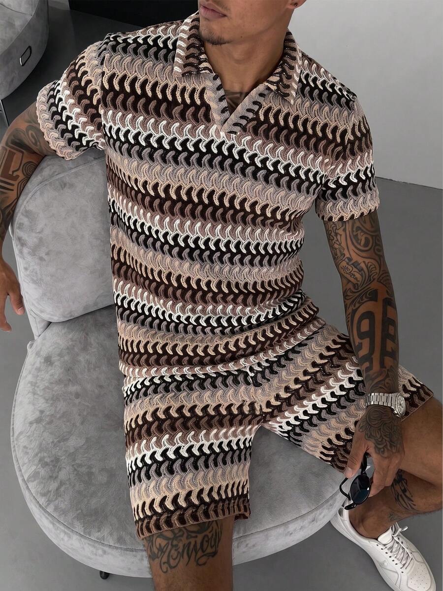 Manfinity Homme 男士条纹短袖 Polo 衫和抽绳腰带短裤套装,男士两件套 - 彩色 - 查看 1
