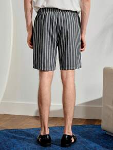 VeloEdit Men's Woven Striped Short Waist Slim Fit Casual Straight Leg Shorts, Suitable For Daily Wear In Summer - Black - View 3