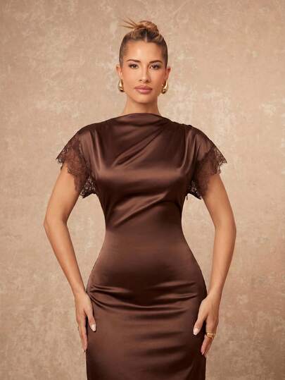 Lumalex Chocolate Satin Maxi Dress With Draped Cowl Neck Lace Flutter Sleeves Sheer Lace Drop Waist Panel Keyhole Back Lace Hem Luxury Dress For Parties Dates