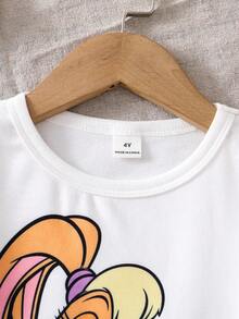 LOONEY TUNES X SHEIN Young Girl Ponytail Rabbit Graphic Short Sleeve T-Shirt And Bow Print Shorts Sweet Summer Versatile Fitted Loungewear Set - Multicolor - View 7