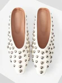 Mnmlis Women's Fashion Small Square Toe Rivet Empty Shoes - Beige - View 1