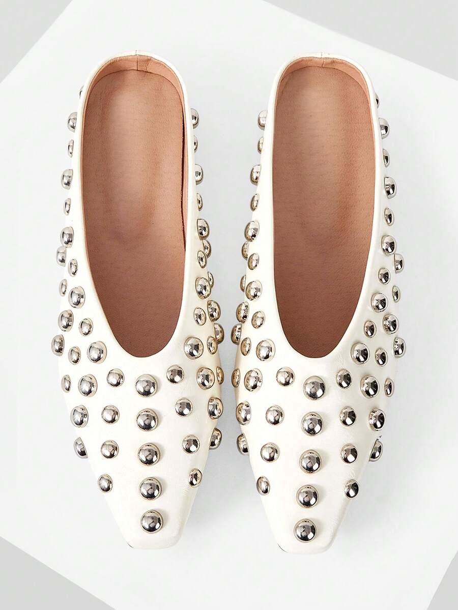 Mnmlis Women's Fashion Small Square Toe Rivet Empty Shoes - Beige - View 1