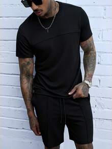 SLATEMANN Men's Hot-Selling Comfortable Solid Color Sweatshirt Fabric, Short Sleeve Crew Neck T-Shirt And Elastic Waist Drawstring Shorts, Suitable For Formal Or Casual Occasions, Casual Vacation, Dinner Party, Simple Office, Casual Home Wear, Versatile Style, Perfect For Yourself Or As A Gift For Friends, Popular Yamamoto Short Sleeve Shorts T-Shirt Set - Black - View 1