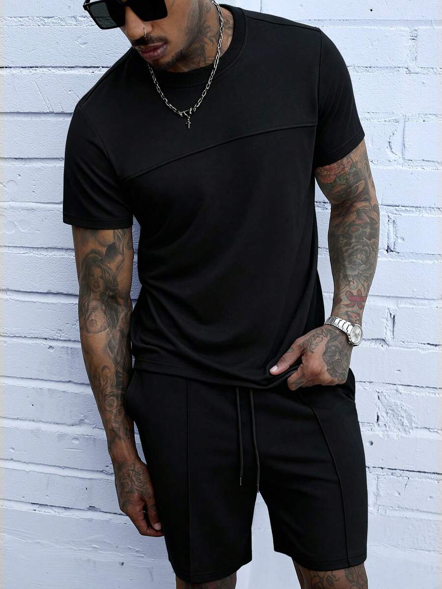 SLATEMANN Men's Hot-Selling Comfortable Solid Color Sweatshirt Fabric, Short Sleeve Crew Neck T-Shirt And Elastic Waist Drawstring Shorts, Suitable For Formal Or Casual Occasions, Casual Vacation, Dinner Party, Simple Office, Casual Home Wear, Versatile Style, Perfect For Yourself Or As A Gift For Friends, Popular Yamamoto Short Sleeve Shorts T-Shirt Set - Black - View 1