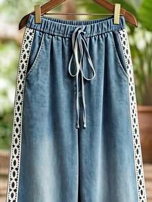 Elouméa Women's Autumn Casual Denim Effect Print Fabric Patchwork Lace Trim Long Pants, Suitable For Daily Wear, Home, Outings And Walking - Blue - View 3