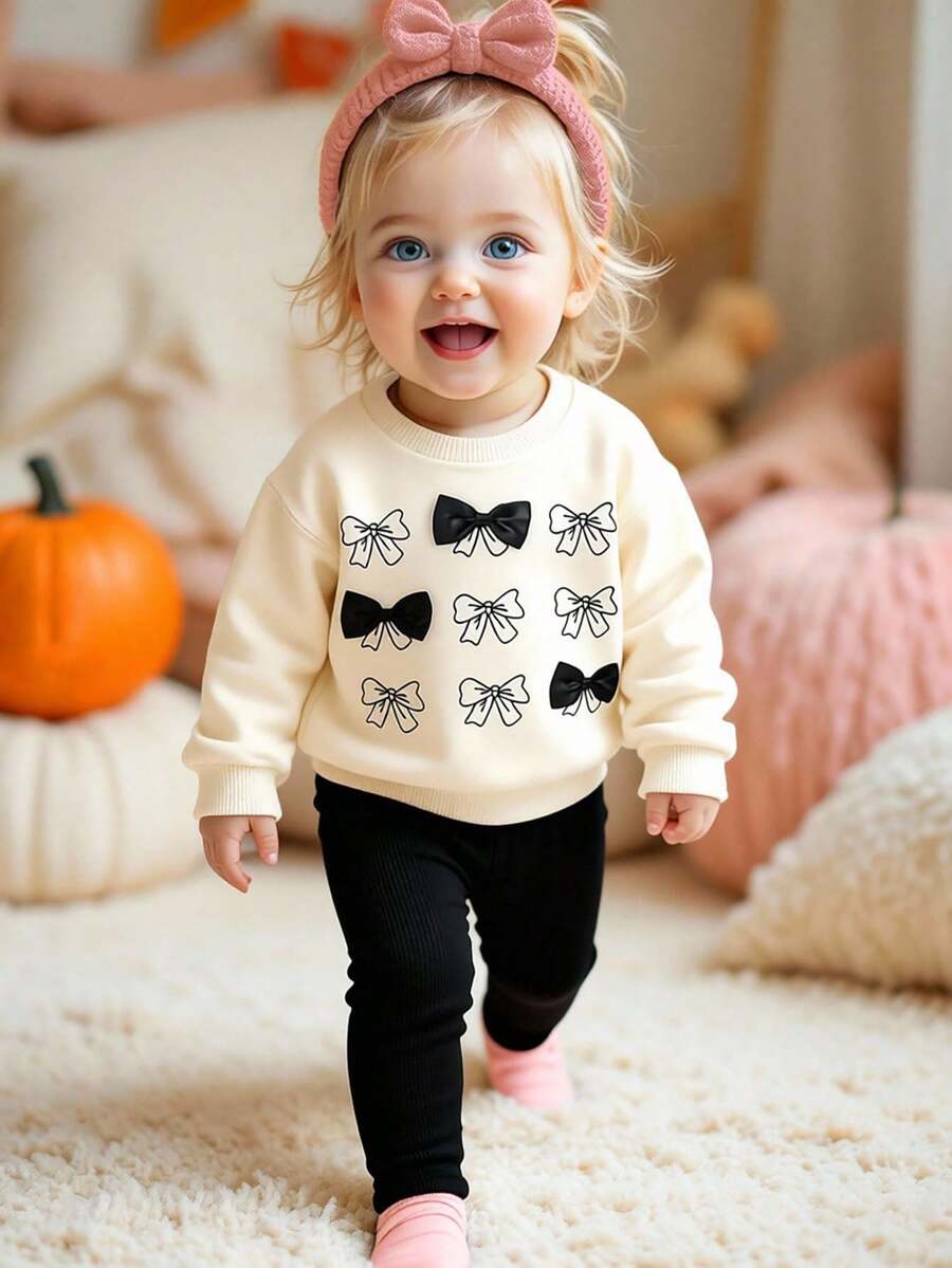 SHEIN Playful Pals 女嬰圓領衛衣套裝，3D蝴蝶結上衣搭配修身長褲，適合外出、居家、校園穿著