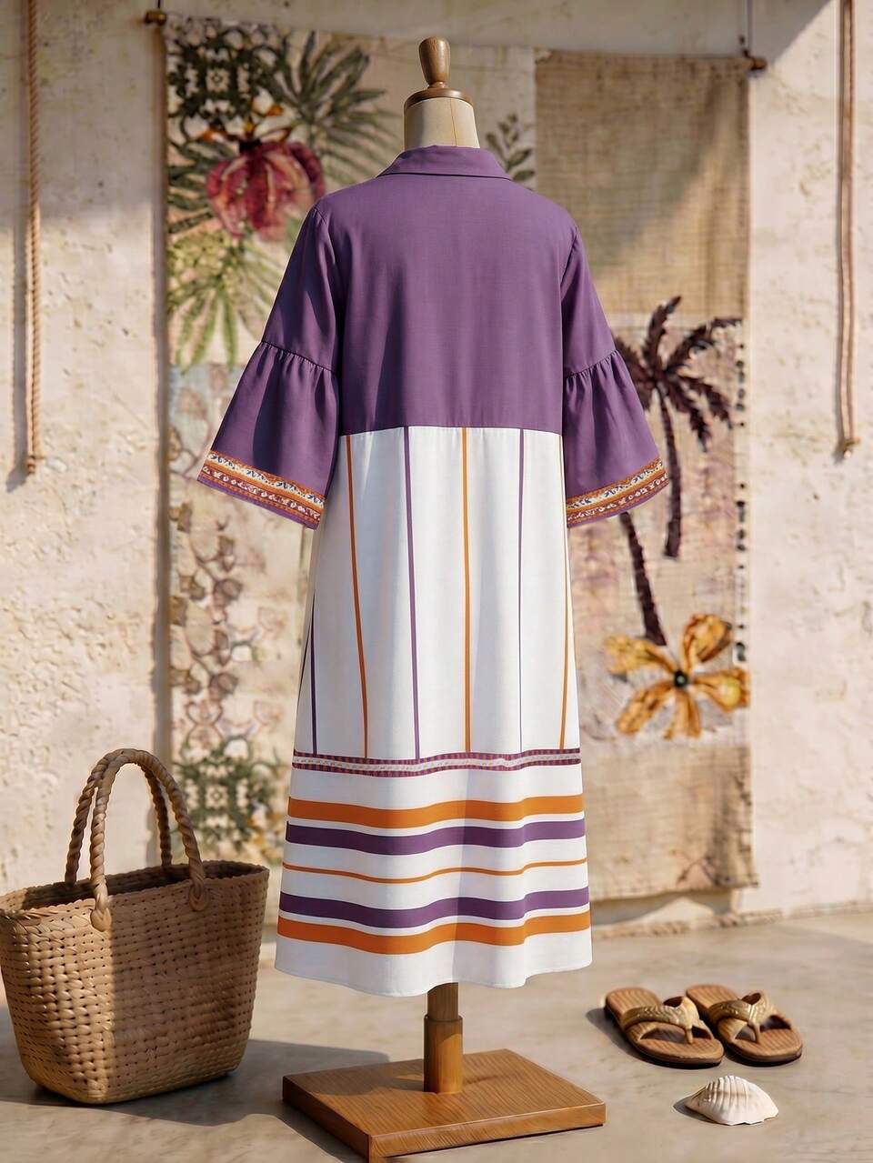 Plus Size Women's Striped Ruffle Cuff Casual Dress