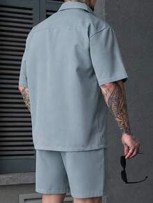 SLATEMANN Men's Solid Color Single-Breasted Double Pocket Design Short Sleeve Shirt And Shorts Set - Dusty Blue - View 2
