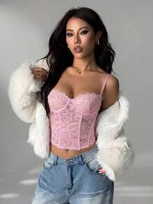 SHEIN PETITE 女款粉色格紋 Y2K 夏季蕾絲透視細肩帶背心上衣，派對夜店穿搭，束胸式內衣上衣，抹胸上衣，可愛秋季疊穿 - 淺粉色 - 查看 6
