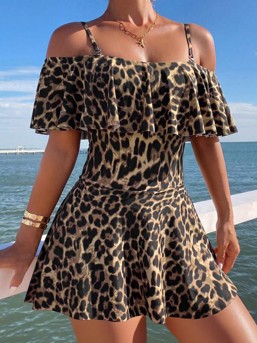 Swim Lushoire Frühling/Sommer Damen Neues Leopardenmuster Zufälliges Muster Schulterträger Off-Shoulder Rüschen Strand Lässig Einteiliges Badekleid - Verschiedenfarbig - Übersicht 1