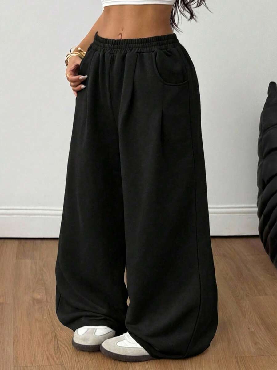 Coolane 男女款大尺碼夏季街頭風復古度假正式休閒健身寬鬆中腰寬腿彈性腰帶黑色運動長褲秋季 - 黑色 - 查看 1