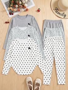 SHEIN Sparklyn 青少年女孩 3件組長袖套裝 可愛馬刺繡圓領上衣與長褲 灰色素色波點豹紋休閒套裝 秋季 - 彩色 - 查看 5
