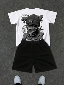 Manfinity EMRG Men's Letter Print Short Sleeve T-Shirt And Drawstring Waist Shorts Set - White - View 6