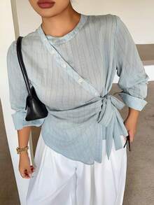 Dazy Plus Blue Striped Asymmetrical Placket Tie-Front Casual Fun Commuter Long Sleeve Spring Autumn Shirt - Baby Blue - View 6