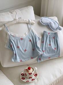 Comfortcana Lace Patchwork Striped Bow Print Camisole & Shorts Women Pajama Set - Multicolor - View 6