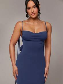 Silquee Women's Summer Sexy Elegant Solid Color Backless Spaghetti Strap Dress Night Out Navy Blue - Navy Blue - View 3