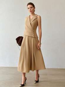 MOTF PREMIUM Vestido midi sin mangas de unicolor para ir al trabajo para mujer - Caqui - Ver 1