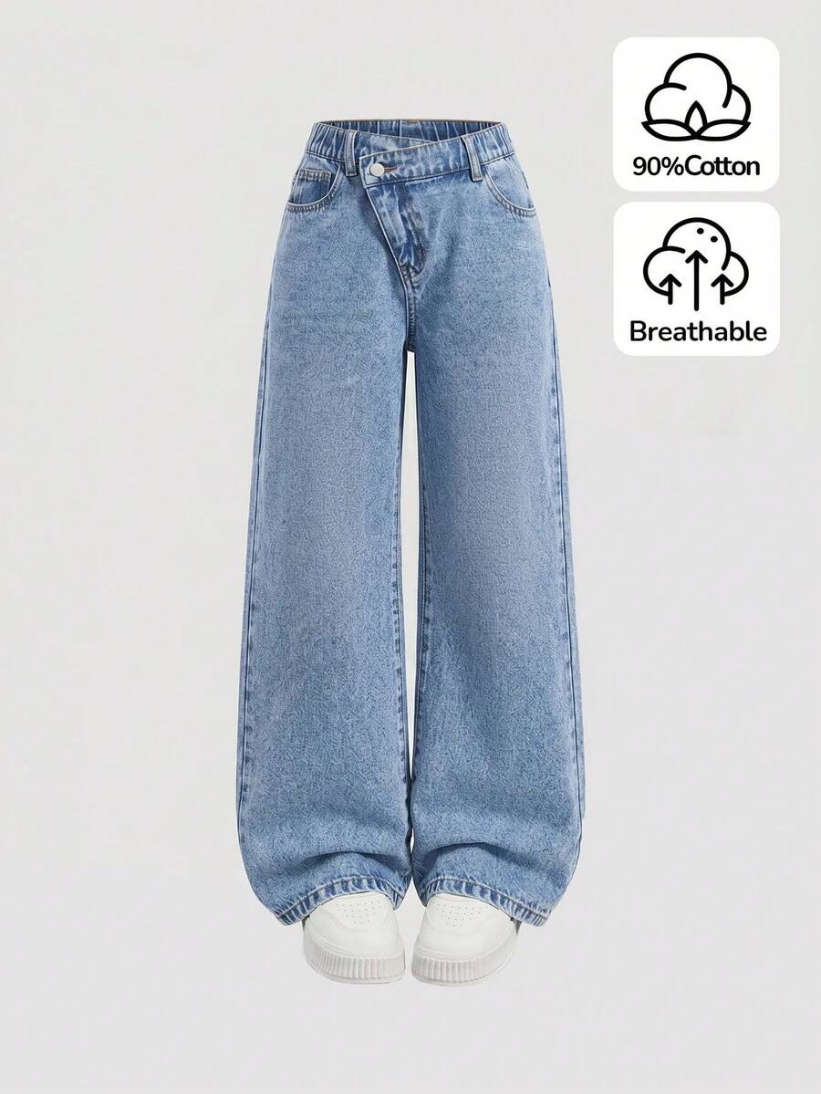 SHEIN Girlism 青少年女孩藍色丹寧不對稱腰線寬鬆長褲 秋冬萬聖節 Y2K 畢業返校穿搭 - 藍色 - 查看 1