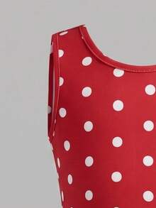 SHEIN Young Girl Cute Summer Pink Knit Patchwork Hollow Out Sleeveless Dress With Bow - Red - View 6