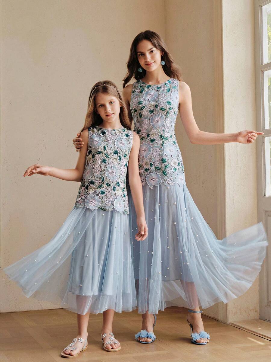 Anewsta Tween Girl Party Dress Summer Sleeveless Blue Water-Soluble Floral Patchwork Random Beaded Mesh Dress For Girls Mid-To-Large Children Luxury Evening And Occasion Dresses, Wedding, Party - Blue - View 1