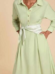 Travachic Women's Solid Color Long Sleeve Button Half-Placket Shirt Dress Teachers' Day Brunch Picnic Party Tea Party Sage Green Fall Casual French Elegant - Green - View 4